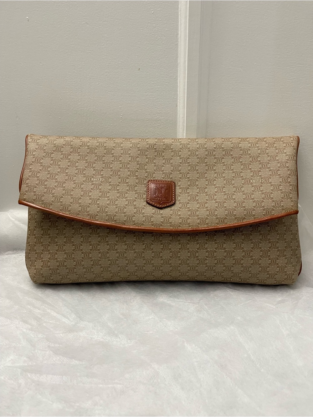 Celine Tan Monogram Foldover Clutch with Brown Trim